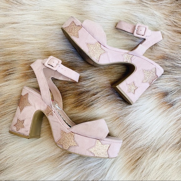 Betsey Johnson Shoes - Betsey Johnson Pink Suede Glitter Star Chunky Platform Sandals